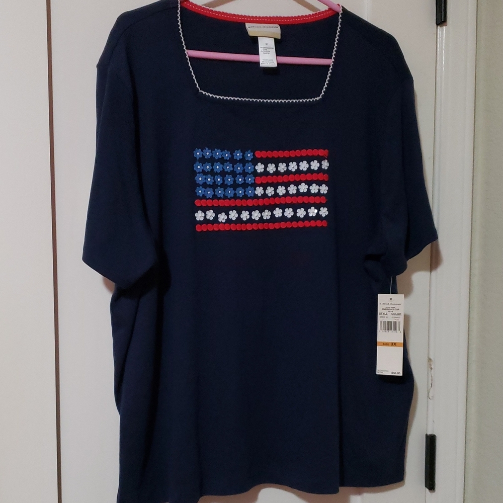 NWT Alfred Dunner Navy Top With Embossed Sequin Flag